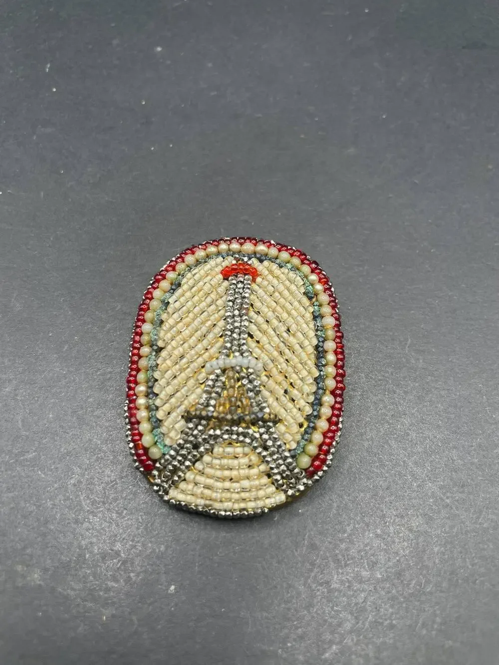 Vintage Hand Beaded Eiffel Tower Oval Brooch Paris France Landmark Souvenir Pin